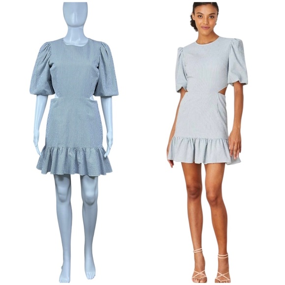 Veronica Beard Iker Puffed Sleeve Cutout Ruffled Striped Mini Dress Sz 6 Nautica
